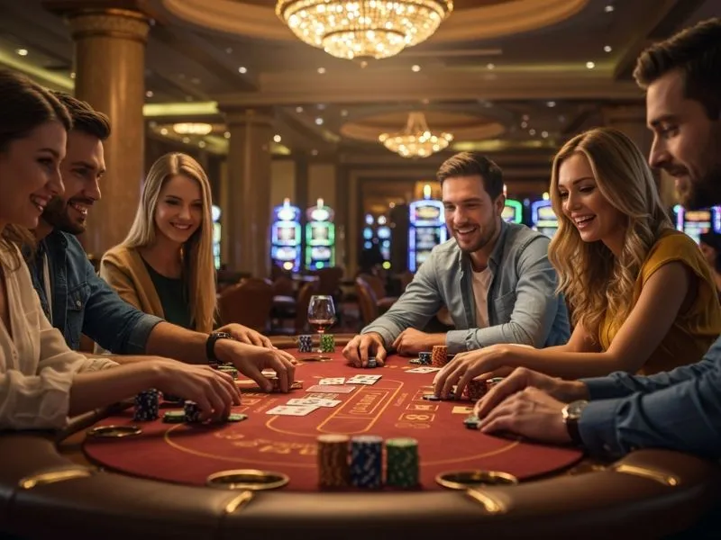 "Friends enjoying a fun poker night together at masaya365 online casino platform"