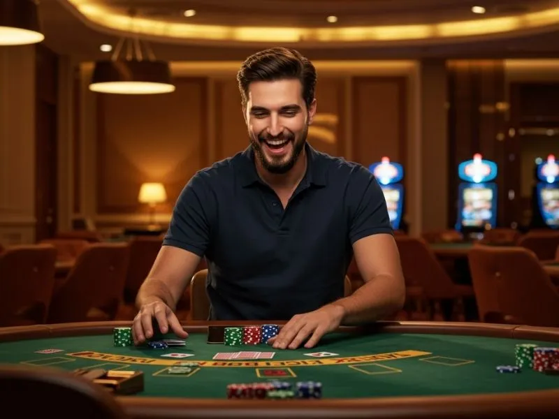 A man looking happy while playing poker online at masaya365