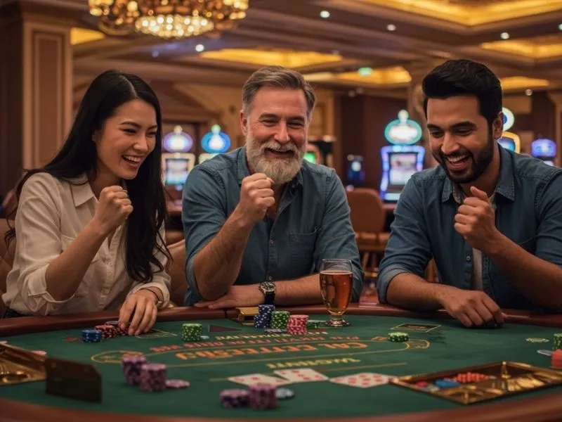 Friends cheering while playing on the PH365 Live Casino App, enjoying exciting online casino games together.