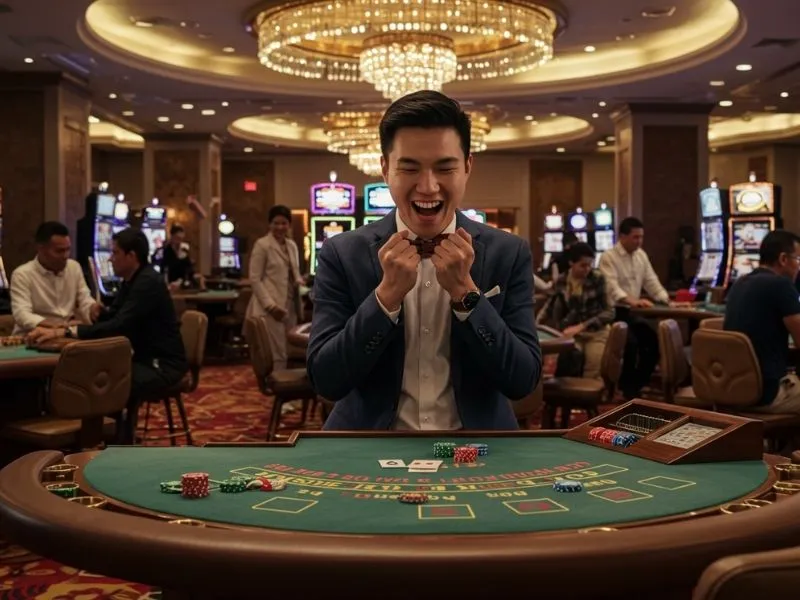 Happy man celebrating a big win while using the PH365 live casino app on his smartphone.