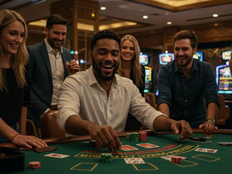 Happy group of friends enjoying betting games together at 10 jill casino online.