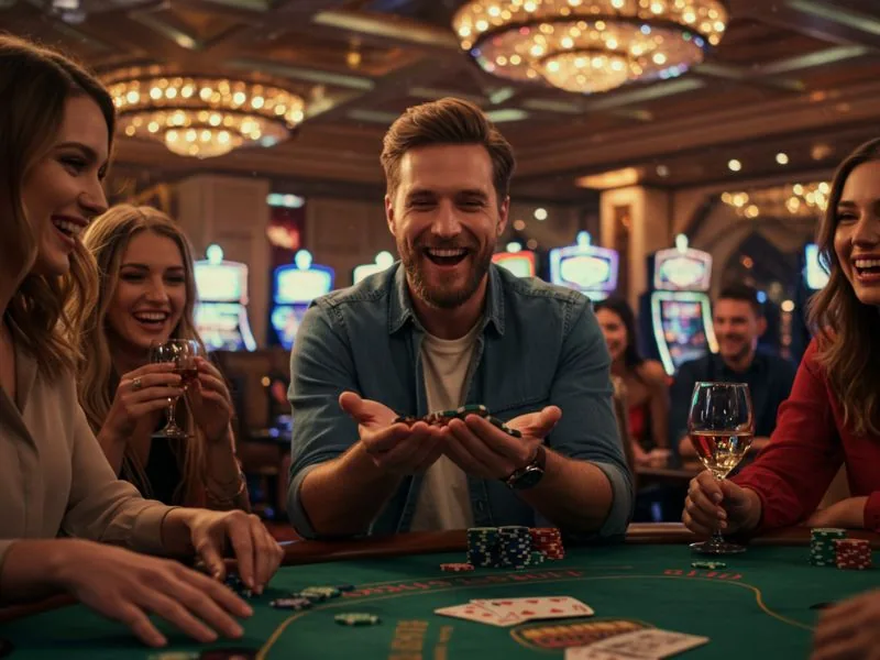 Happy man celebrating and holding his winnings at 10 jill casino online.