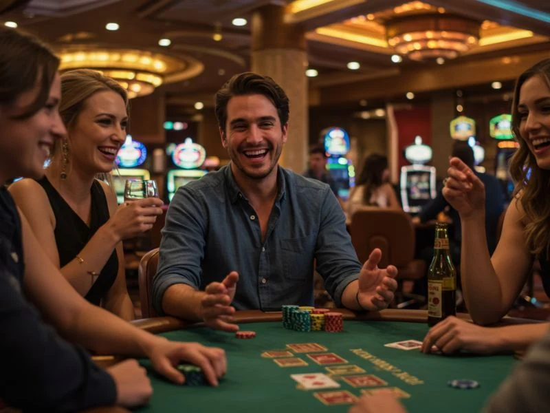 Happy man surrounded by friends enjoying betting games at 10 jill casino online.