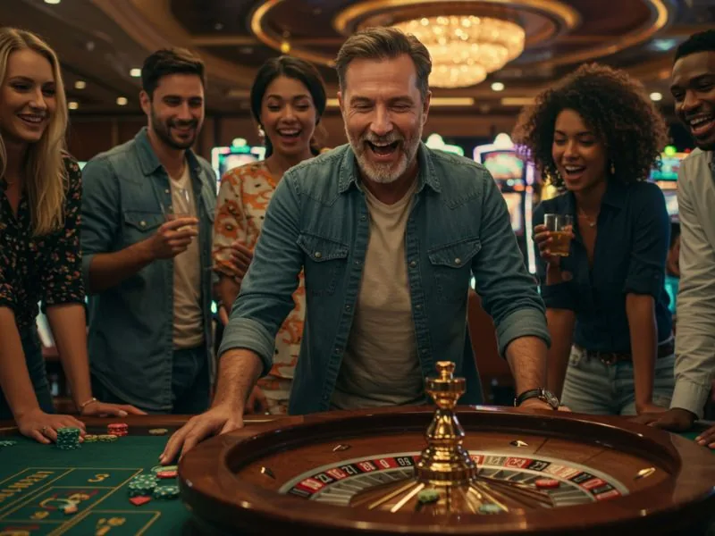 Happy siblings cheering as their dad wins at 10 jill casino online.