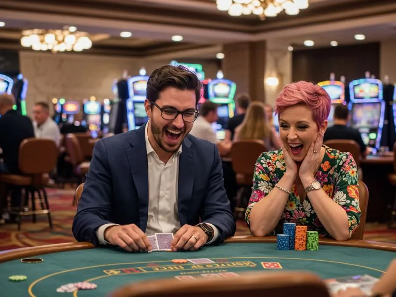 Happy man and woman enjoying card games at 711 Bet Online Casino