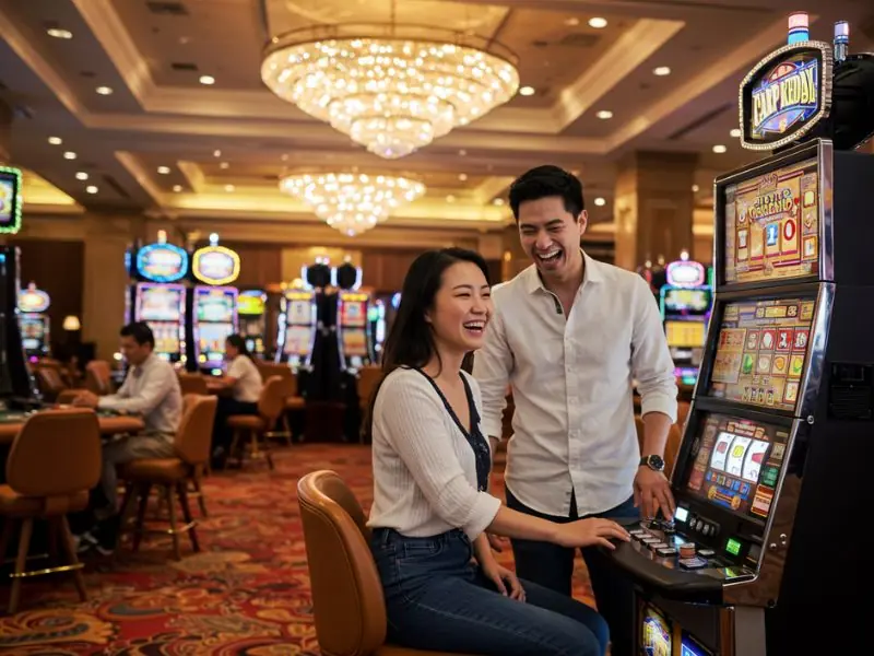 Happy man and woman enjoying slot games at 711 Bet Online Casino