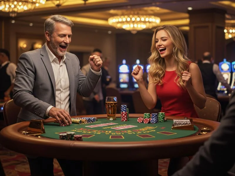 Happy man and woman excited about their winnings at 711 Bet Online Casino