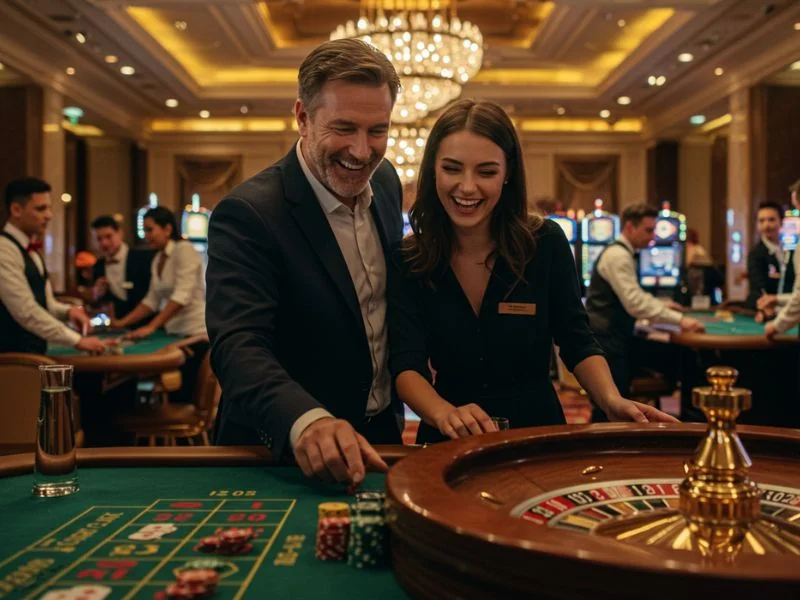 Happy man and woman playing roulette at 711 Bet Online Casino