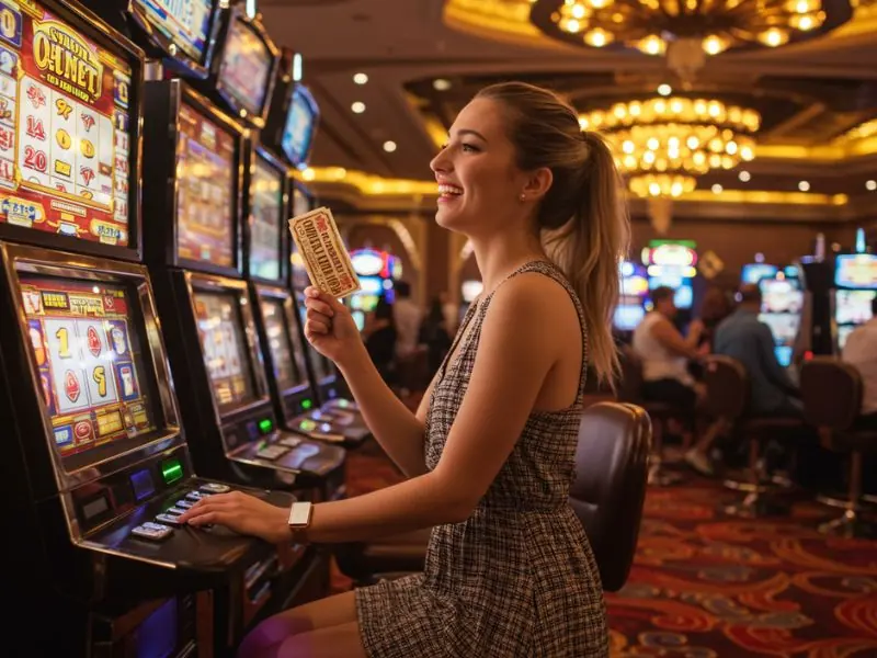 Happy woman holding her winning ticket at Apex8 Online Casino