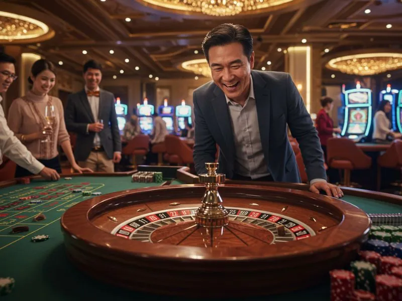 Man gleefully playing roulette at Apex8 Online Casino