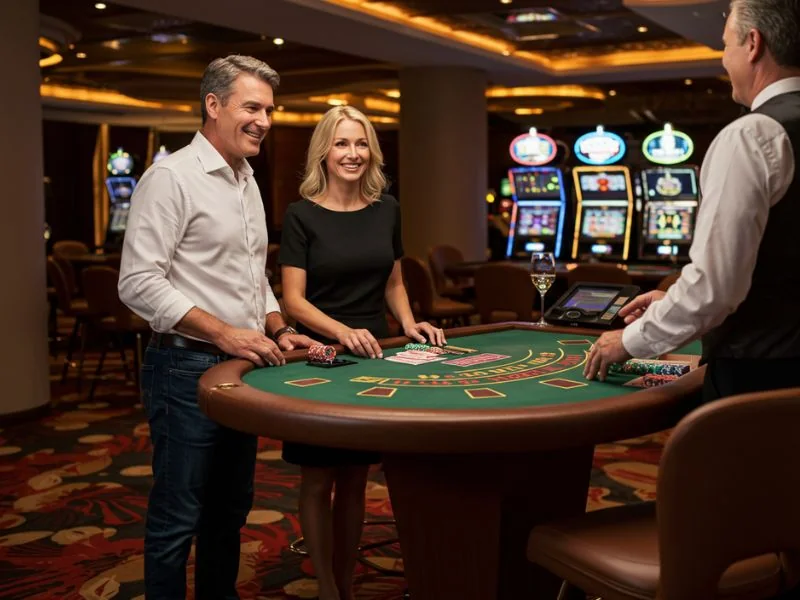 Happy couple enjoying playing exciting games together at bbjl online casino.