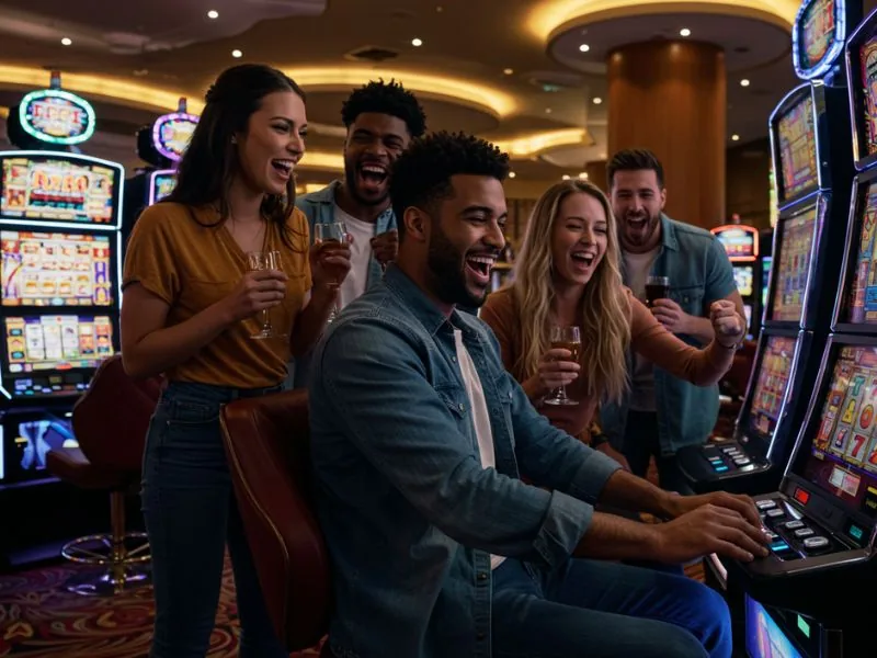 BMY12 Online Casino Login happy friends cheering and enjoying wine while playing casino games.