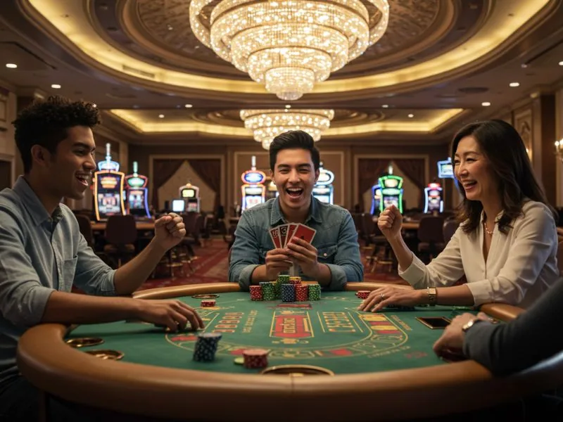 BMY12 Online Casino Login happy friends gleefully cheering for their big win together.