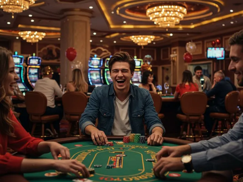 COW88 Online Casino Login happy friends cheering during an intense poker round with excitement.