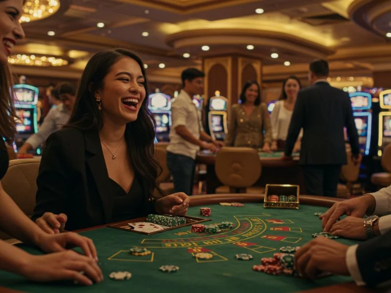 COW88 Online Casino Login happy woman holding a stack of casino chips with a big smile.