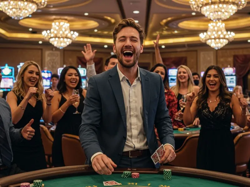 FHM63 Online Casino Login happy friends cheering during an intense poker round full of excitement.