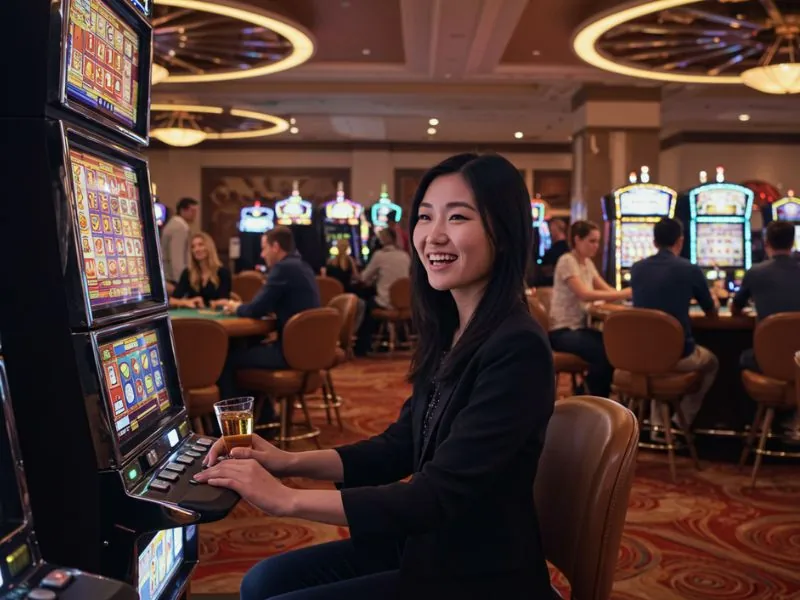 FHM63 Online Casino Login happy lady smiling while spinning slot reels with excitement.