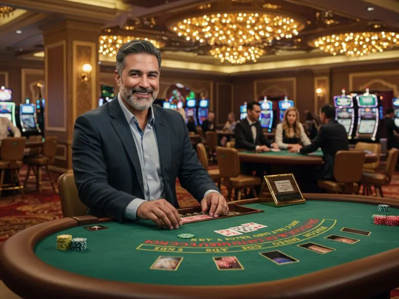 FHM63 Online Casino Login happy man smiling while holding playing cards during a winning moment.