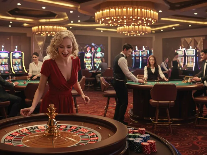 FHM63 Online Casino Login happy woman eagerly waiting for the roulette wheel to stop spinning.