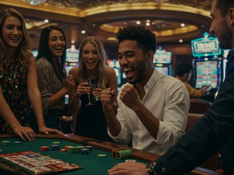 G7Bet Online Casino happy friends bursting with excitement as someone hits a thrilling bonus round.