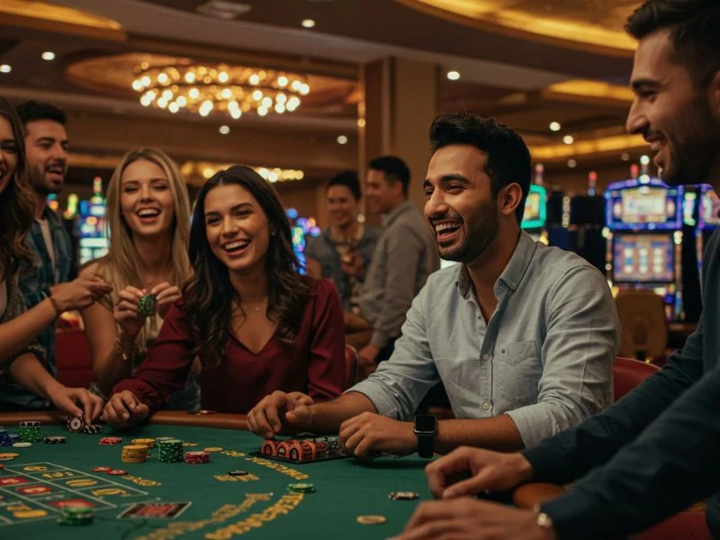 G7Bet Online Casino happy friends laughing together at the gaming table while playing.