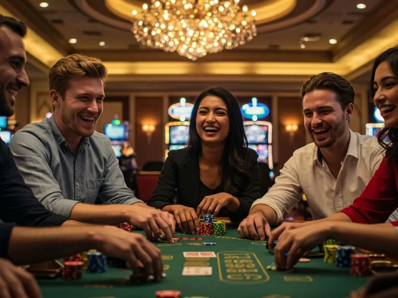 G7Bet Online Casino happy friends sharing excitement over a lucky spin and big win.