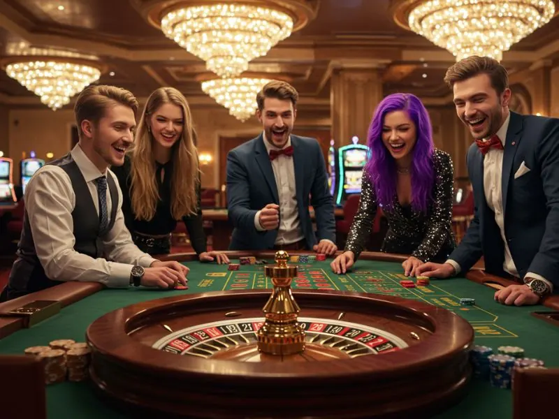 GStar28 Online Casino happy and excited players cheering as the roulette ball lands on a winning number.