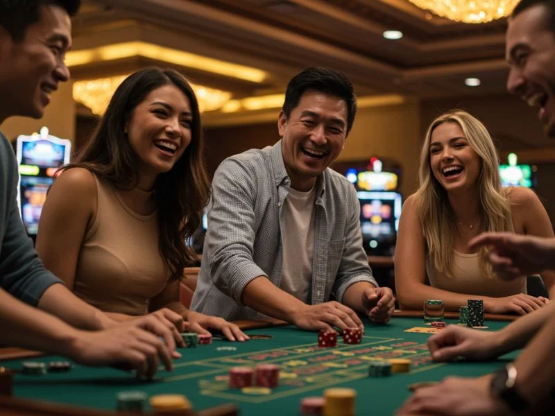 GStar28 Online Casino happy players laughing while bluffing during an exciting card game.