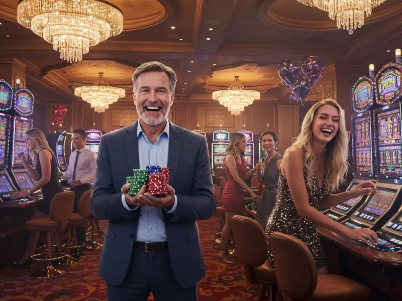 Happy man gleefully holding his winning chips at Milton 888 Online Casino