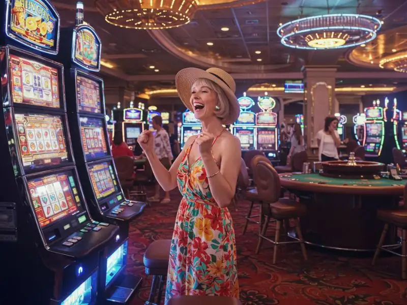 Happy woman gleefully cheering at a casino slot in Milton 888 Online Casino
