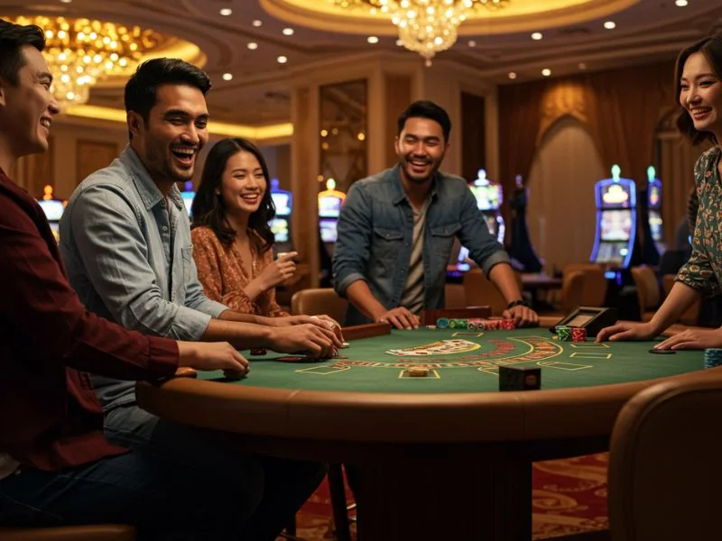 Online Casino Free 100 happy friends enjoying exciting casino games together online.
