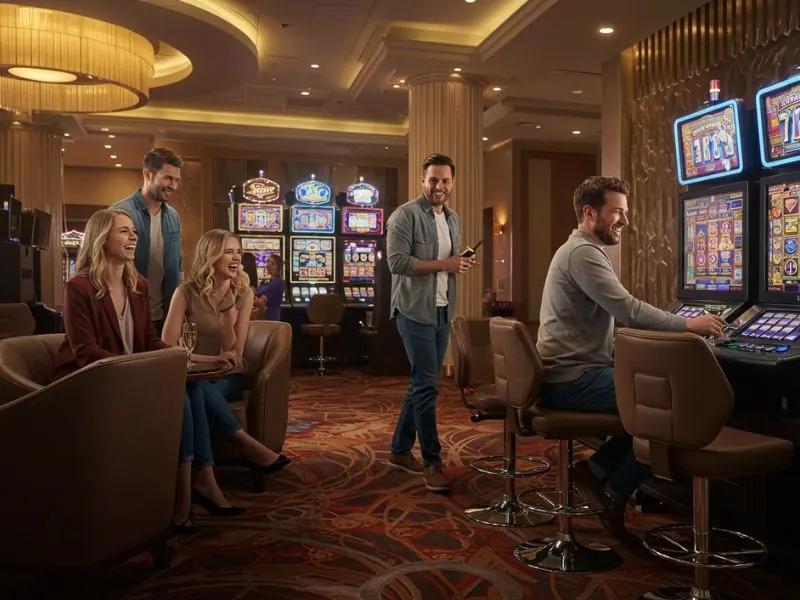 Online Casino Free 100 happy friends enjoying slot games together with excitement and fun.