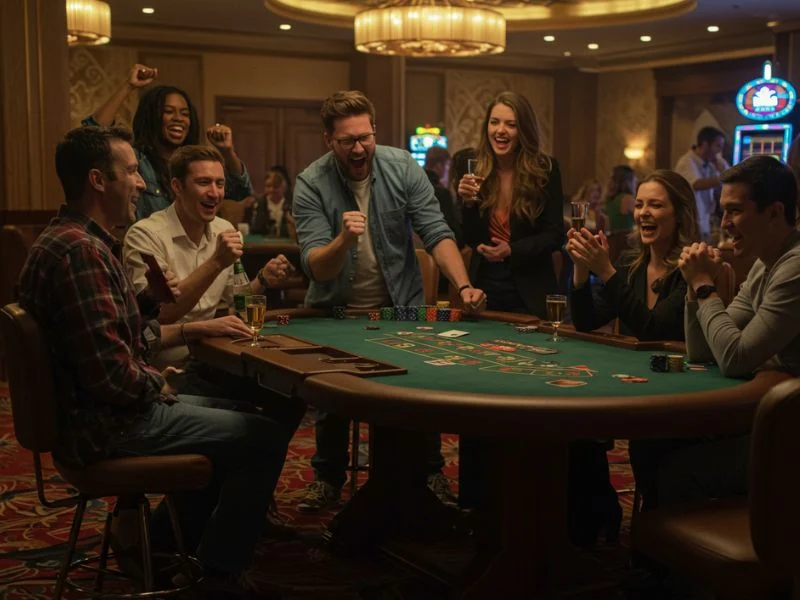 Online Casino Free 100 happy friends celebrating after winning their first bet together.