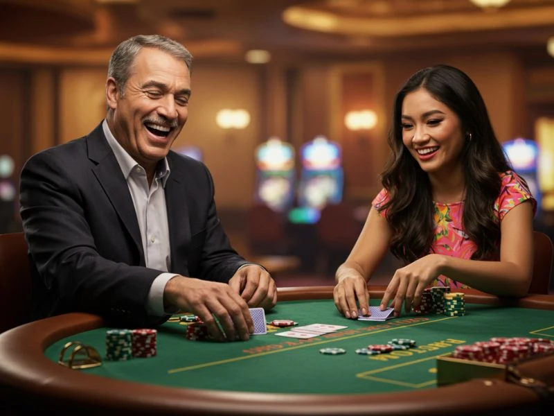 Dad and daughter happily playing cards at an online casino using GCash