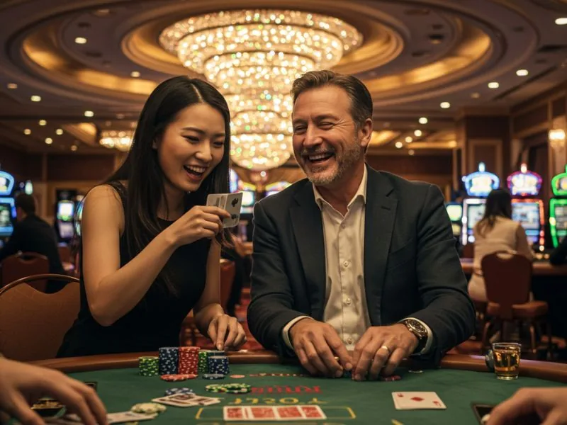 Happy dad enjoying playing cards with his daughter at an online casino using GCash