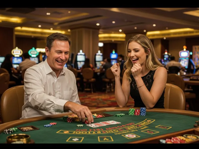 Happy man and woman enjoying games at an online casino using GCash