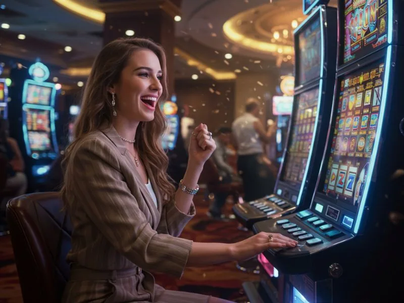 PH City Online Casino happy lady smiling while spinning the slot reels with excitement.