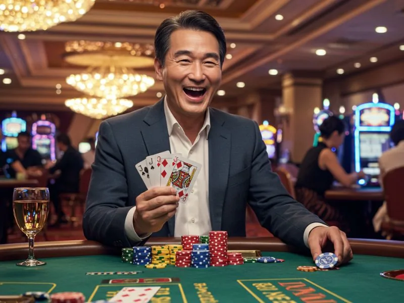 PH City Online Casino happy man laughing while bluffing in a thrilling card game.