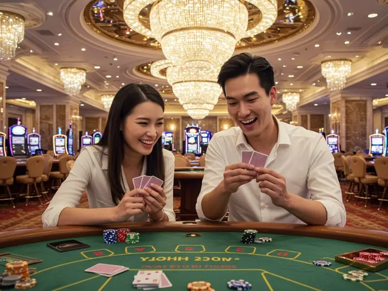 Cute couple happily playing card games together at ph444 online casino.
