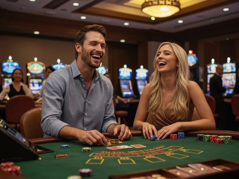 Happy couple enjoying exciting games together at ph444 online casino.