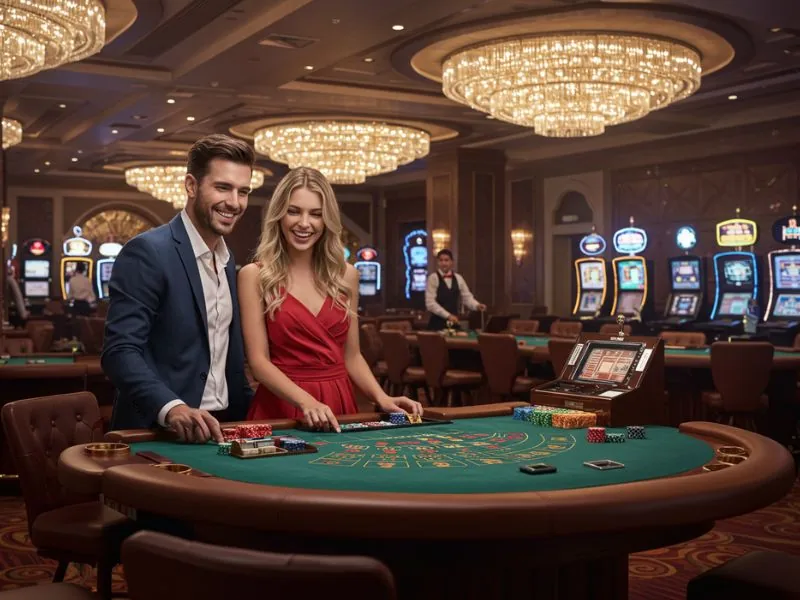 A happy couple enjoying a fun game night at a digital table, playing at ph444 online casino.
