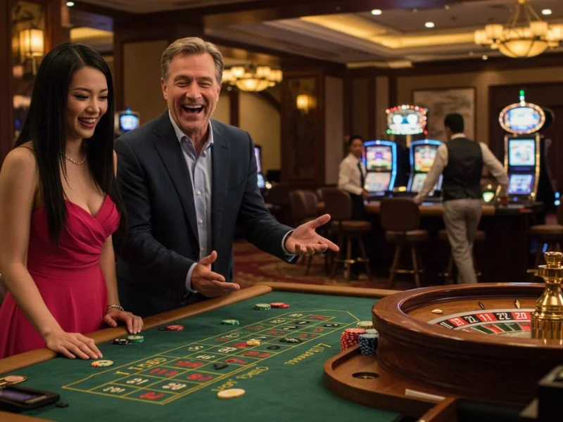 Happy dad enjoying fun and teaching his daughter at pito777 online casino.