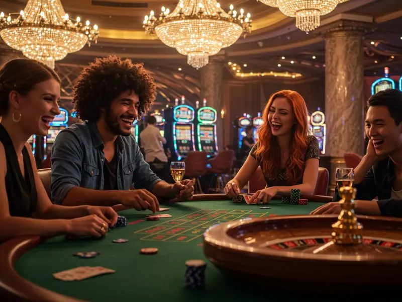 Happy group of friends celebrating their wins while playing at pito777 online casino.