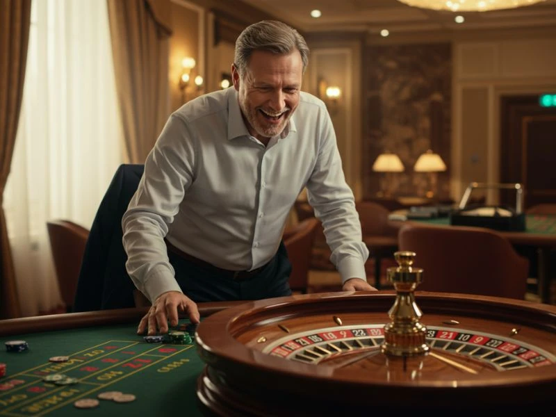 S5 Online Casino happy man leaning forward watching the roulette wheel spin with anticipation.