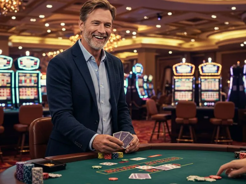 S5 Online Casino happy man smiling while holding playing cards during an exciting game.