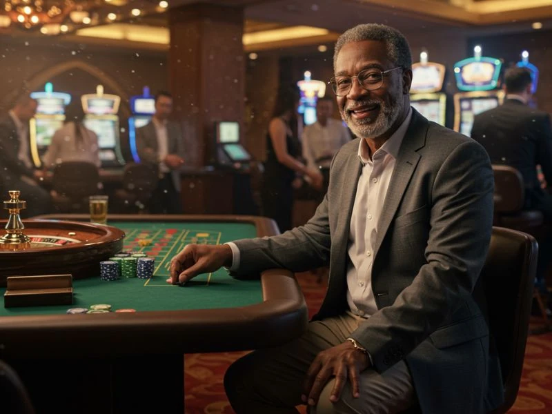 S5 Online Casino happy man watching the roulette ball spin around the wheel with excitement.