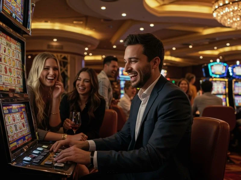 SW888 Online Casino happy friends cheering the man playing slot games with excitement and joy.