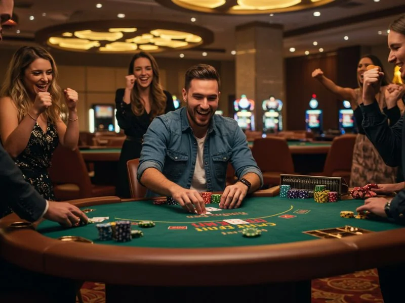 SW888 Online Casino happy friends cheering the only boy in their group during an exciting casino game.