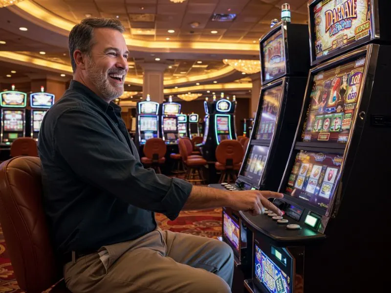 VVJL Online Casino happy man raising his hand in excitement after winning a slot jackpot.