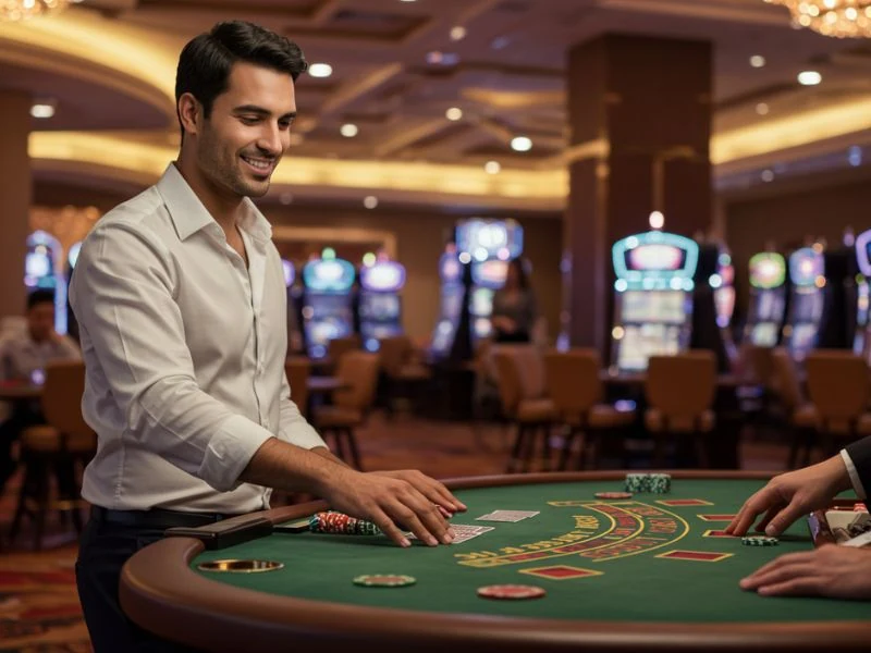 VVJL Online Casino happy man smiling while holding playing cards during a winning moment.